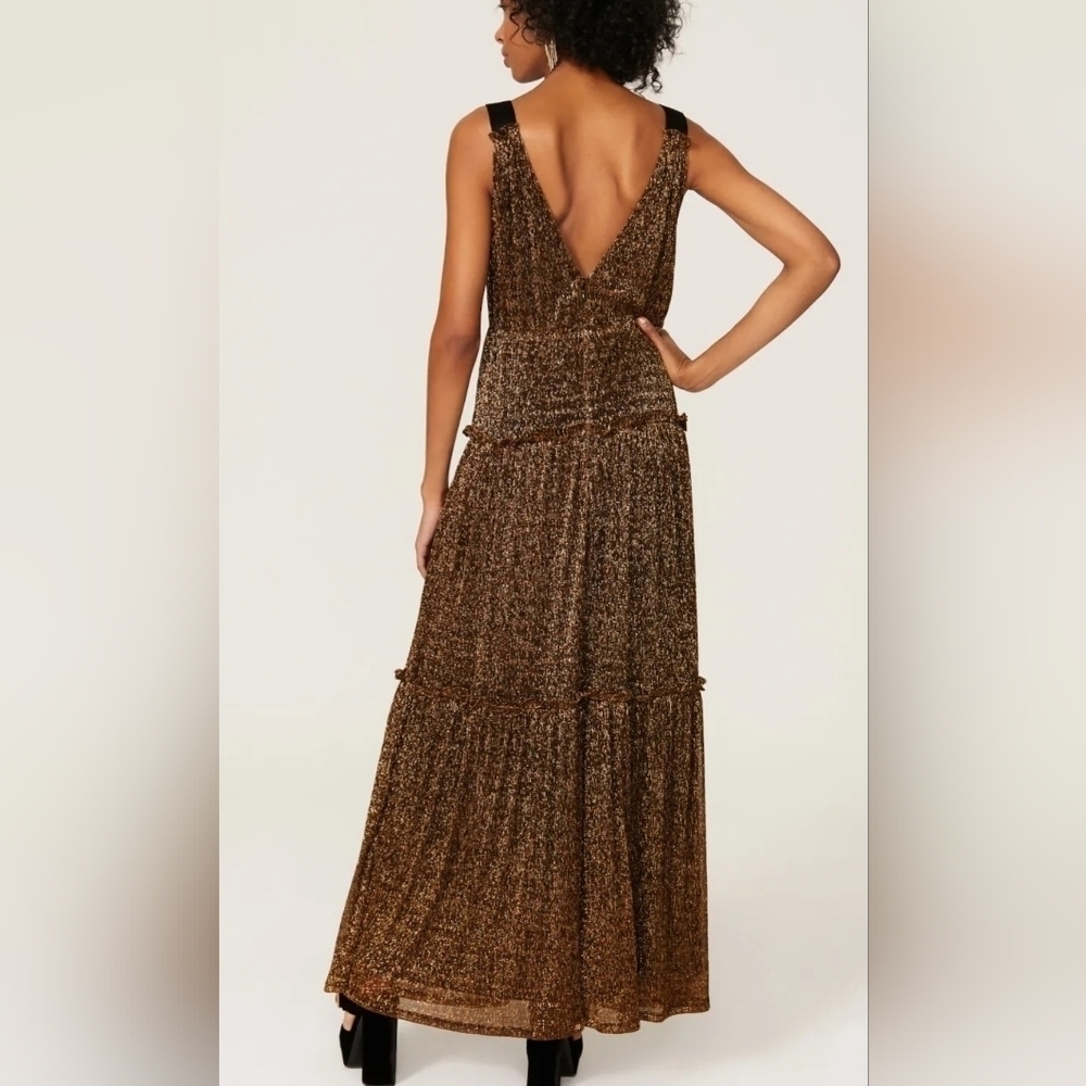 Hutch Metallic Bronze Black Maxi Dress V-Neck Sleeveless Tiered Skirt Size 4 - Picture 3 of 15